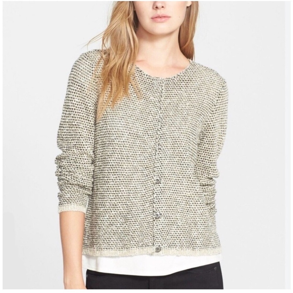 Eileen Fisher Linen Cotton Textured Knit Cardigan Sweater Beige Black Medium